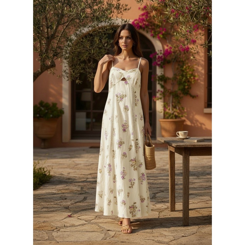 Caroline Constas Maxi Dress Womens MED Linen Blend Floral Lace Keyhole Cream NEW